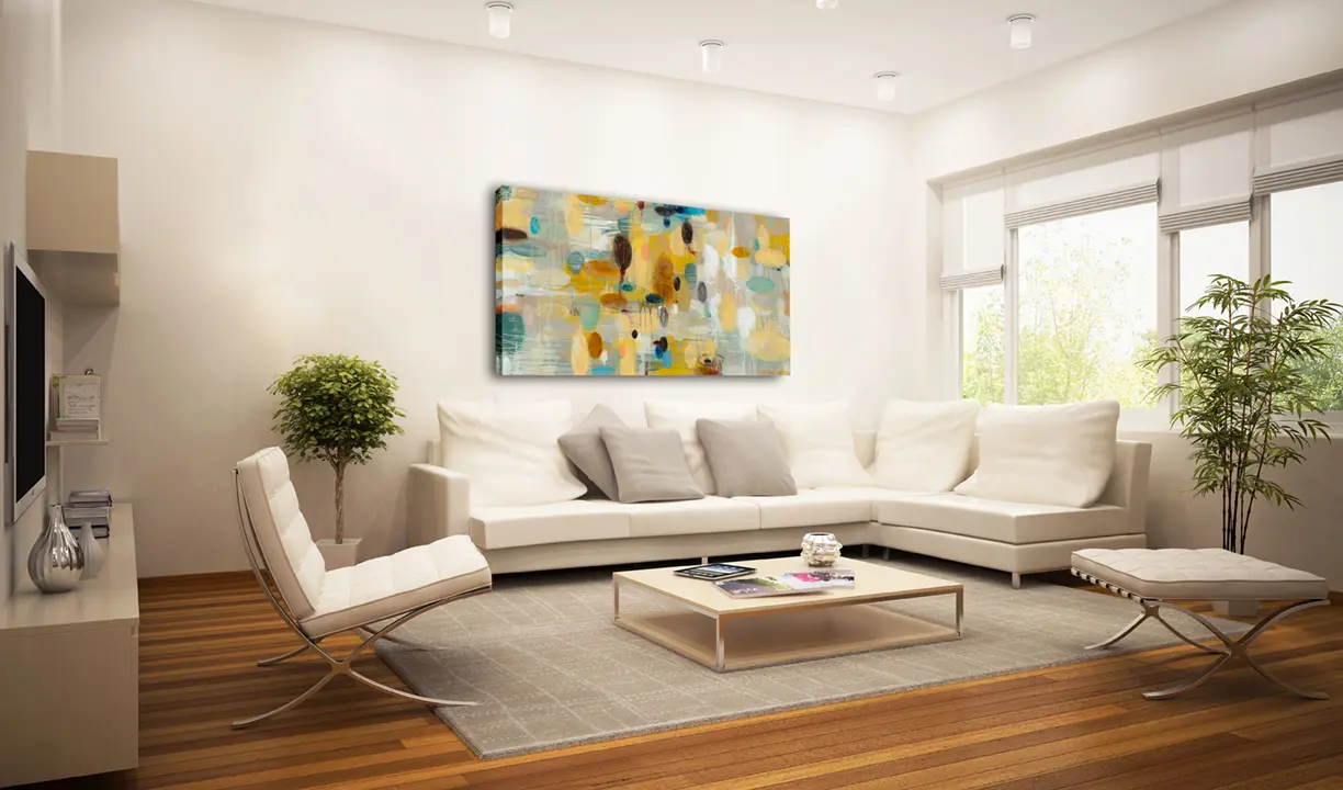 Bright modern lounge with abstract wall art