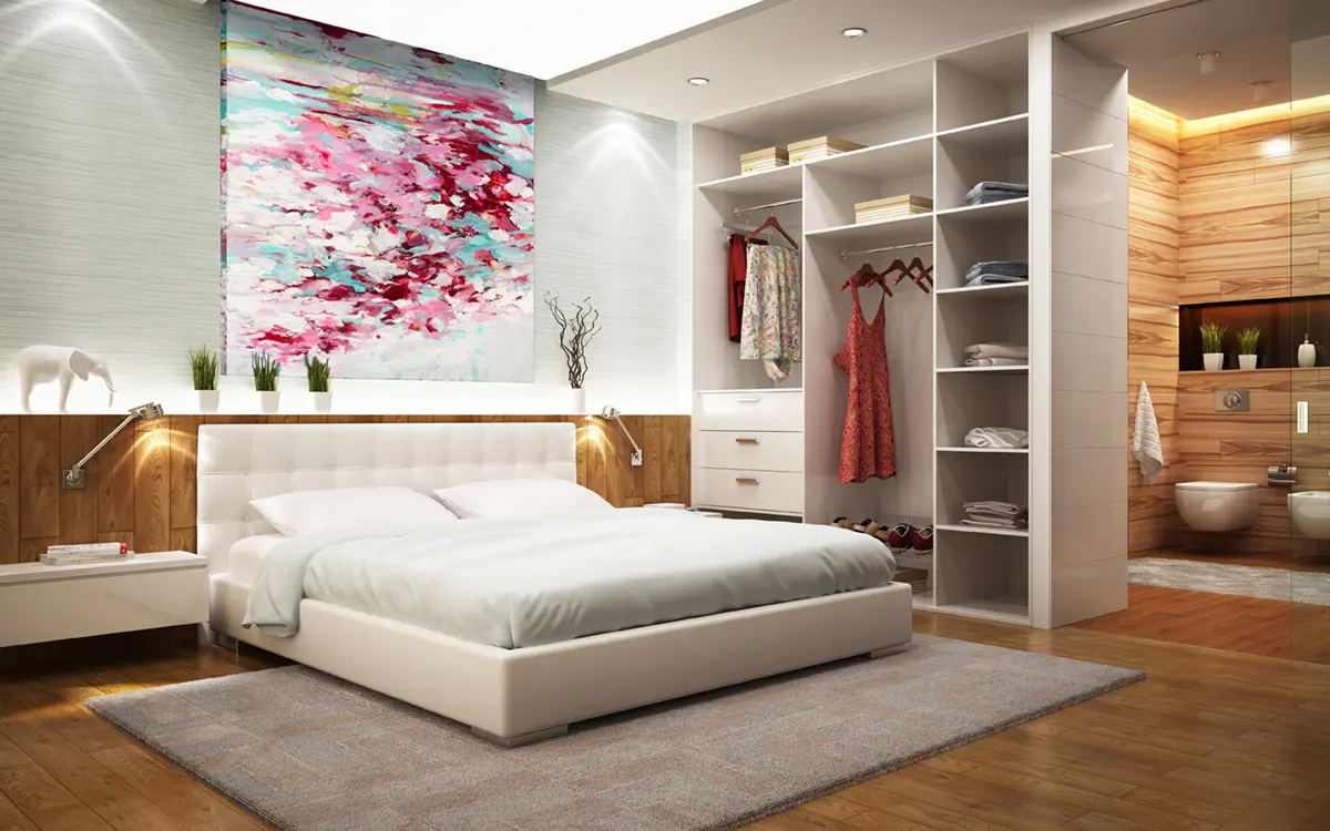 Modern bedroom with abstract painting and open wardrobe