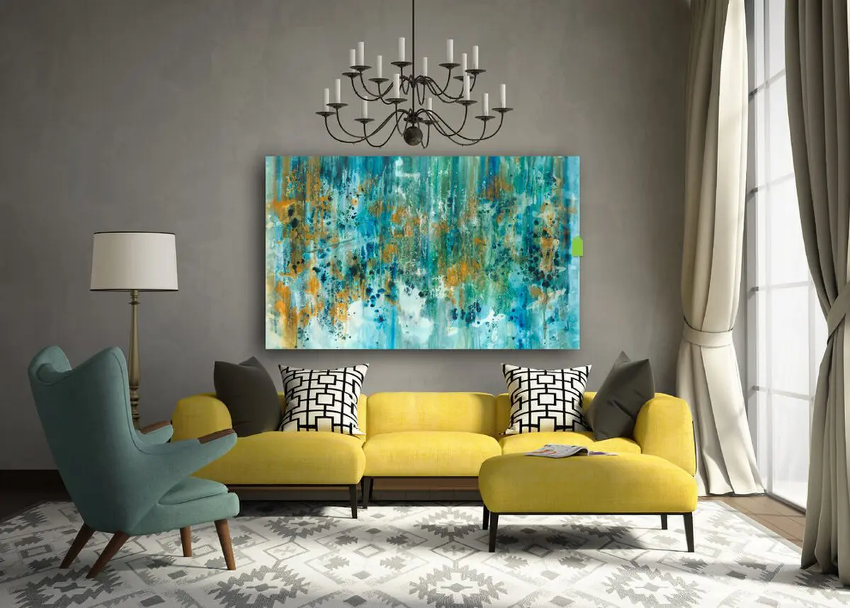 Yellow sofa, teal chair, blue abstract painting