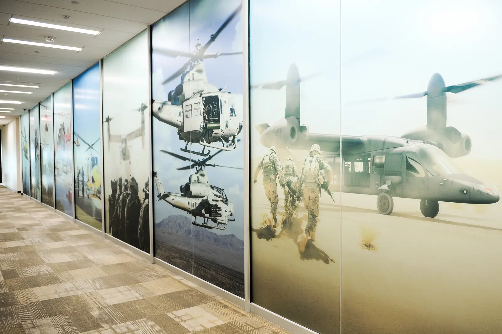 Corridor mural featuring helicopters and soldiers