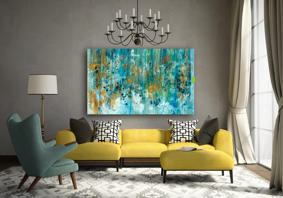 Yellow sectional sofa under blue abstract painting